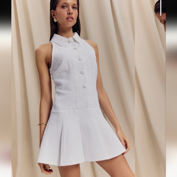 NWT PrettyLittleThing White Boucle Pleated Skater Dress - Picture 1 of 5